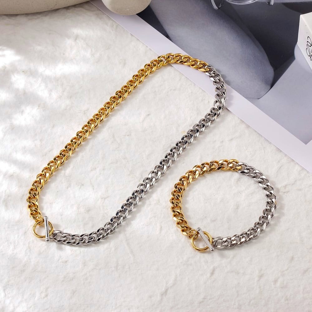 Two-toned, Stainless Steel Gold & sSilver Necklace Set